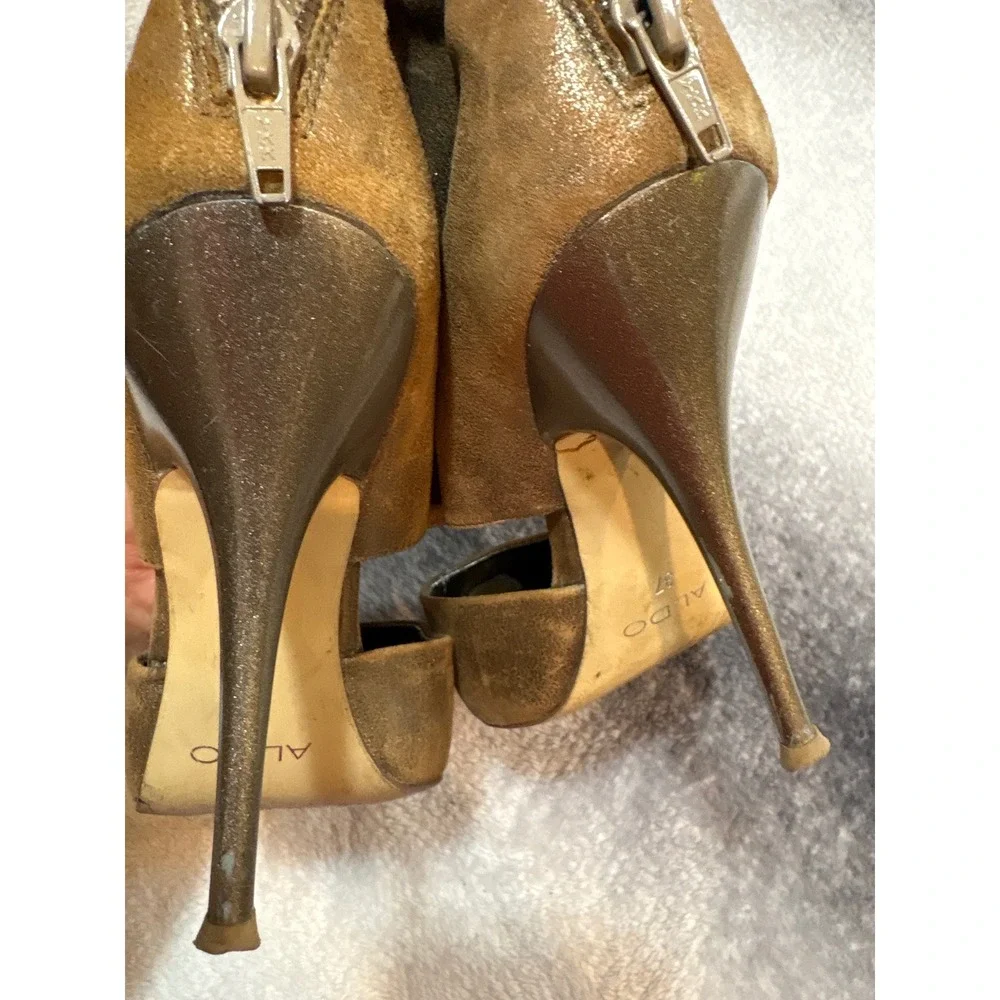 Aldo Bronze Metallic Cutout Pointed Toe Stiletto Ankle Boots Size 37 US 7